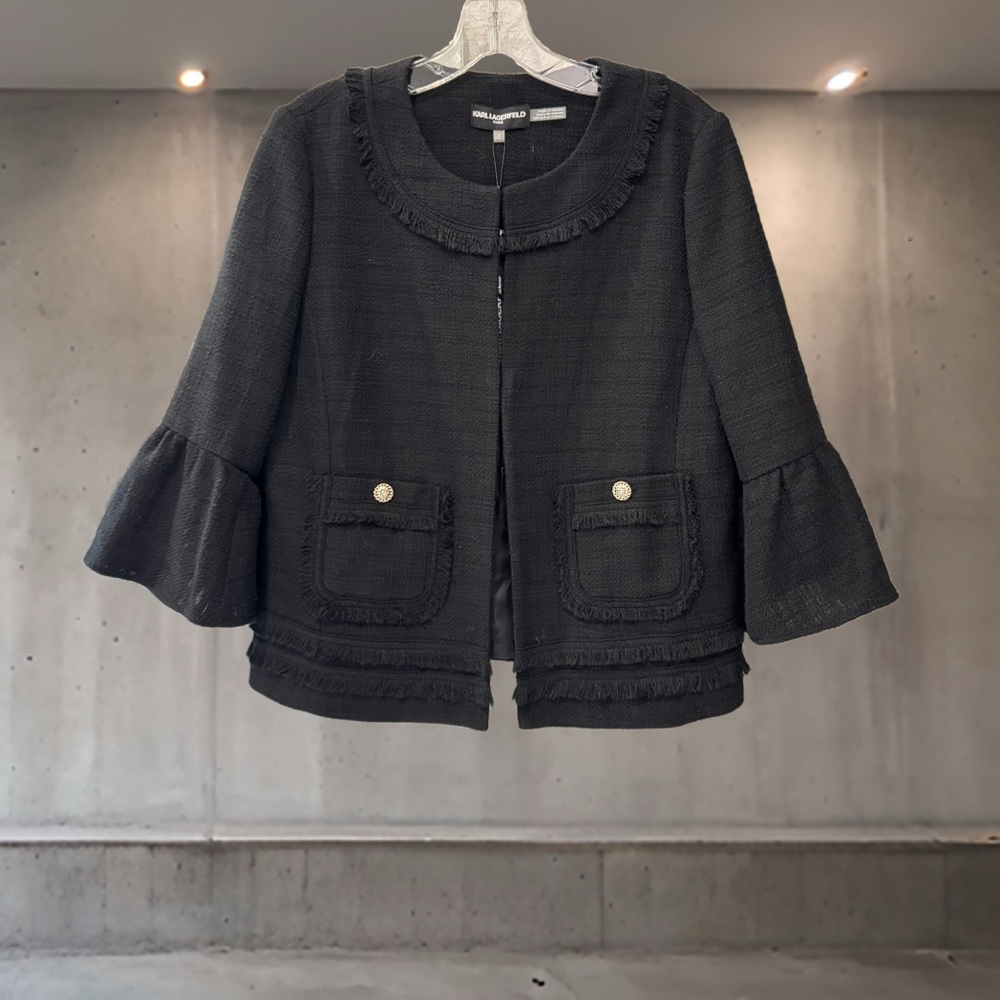 NWT Karl Lagerfeld Paris Black Textured Woven Jacket Fringe Size 8